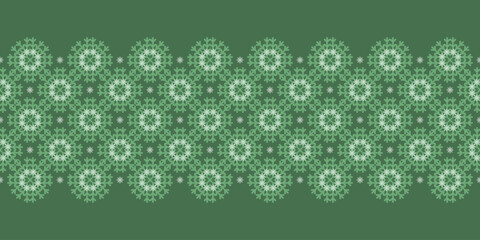 Monochrome green Christmas seamless vector snowflake Border. Beautiful seasonal pattern for wrapping paper, greeting cards, invitations, gift boxes and web background.
