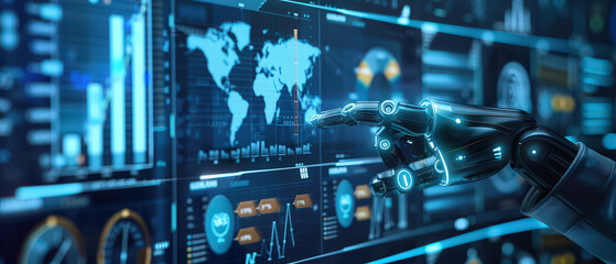 Close-up of a robotic hand interacting with holographic data charts and graphs. Concept of artificial intelligence, big data analysis, automation, and futuristic digital technology.