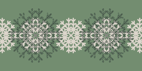 Christmas seamless vector snowflake texture Border on green background. Beautiful seasonal pattern for wrapping paper, greeting cards, invitations, gift boxes and home decor.