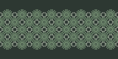 Elegant green Christmas seamless vector snowflake Border. Monochrome seasonal pattern for wrapping paper, greeting cards, invitations, gift boxes and web background.