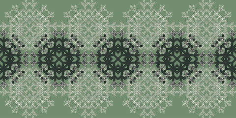 Christmas seamless snowflake texture Border on green background. Beautiful seasonal pattern for wrapping paper, greeting cards, invitations, gift boxes and home decor.