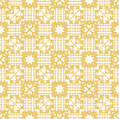 Seasonal geometric seamless snowflake texture in white and yellow. Elegant vector pattern for Christmas and New Year cards, fabrics, home decor, invitations and packaging.