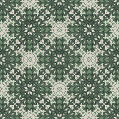 Christmas geometric seamless vector snowflake texture on green background. Beautiful seasonal pattern for wrapping paper, greeting cards, invitations, gift boxes and home decor.