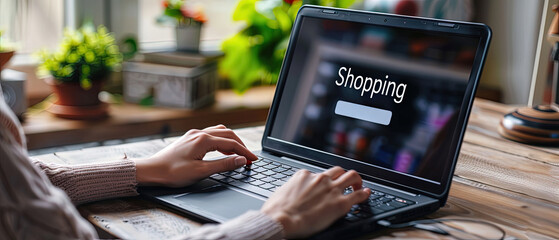 Close up of a womans hands typing on a laptop with a large Shopping button on the screen. Cozy home setting with plants and natural light, symbolizing e commerce and online shopping.