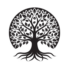 Stylized black and white linocut style tree of life with intricate branches and roots