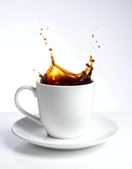 A coffee cup erupts with liquid in motion against a white background