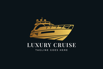 vector illustration of luxury golden yacht or modern cruise logo design template use gold gradient on object isolated on dark blue background. 