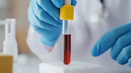 Analysis and testing with a blood sample in a clinical laboratory. Doctor in blue gloves holds tube with yellow cap. Concept for medical analysis, healthcare, and diagnostics.