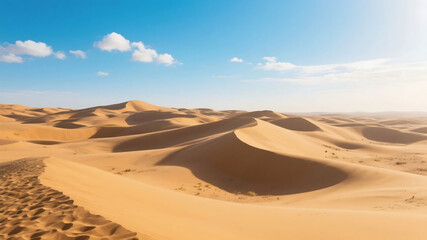 A stunning view of a desert with undulating sand dunes under a bright blue sky, showcasing the beauty of arid landscapes.