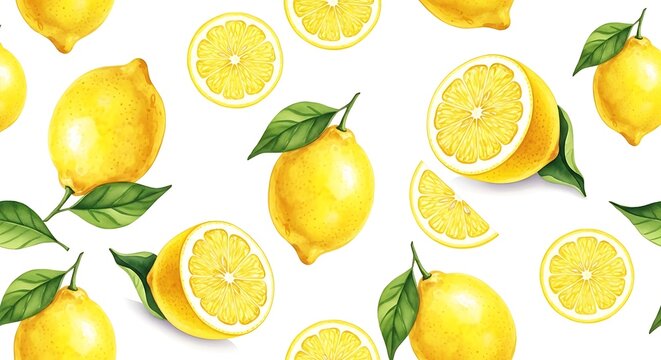 Seamless pattern of fresh lemon fruit with leaves isolated on white background for textile and wallpaper