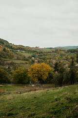 Obraz premium Scenic view of rolling hills with village houses and trees in warm autumn colors under cloudy sky in rural Serbia