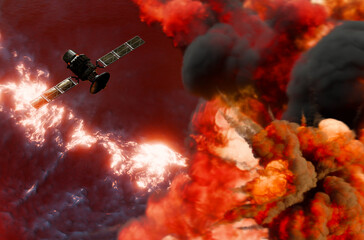 Satellite in Space passing planet on fire, 3D animation