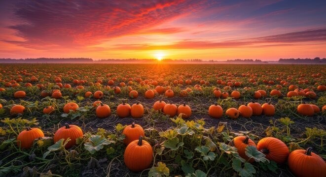 A vibrant sunset illuminates a field of pumpkins ready for harvest. - Powered by Adobe