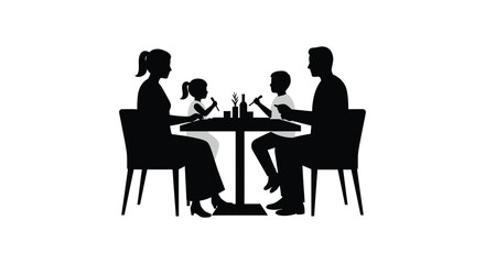 A family of four enjoying a meal together at a table in silhouette style