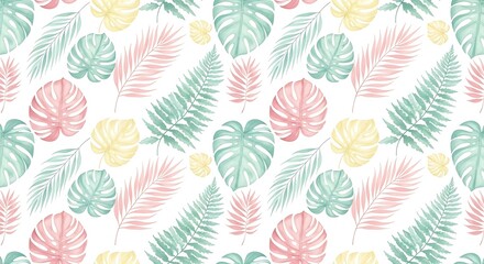 Fototapeta premium Seamless watercolor pattern with tropical leaves isolated on white background monstera, palm, fern leaves in pastel colors