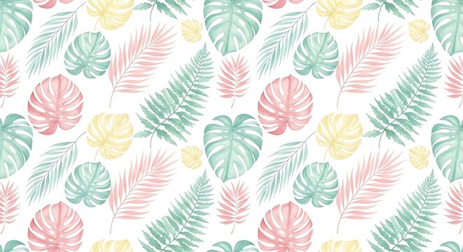 Seamless watercolor pattern with tropical leaves isolated on white background monstera, palm, fern leaves in pastel colors
