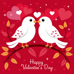 Obraz premium Two white birds on a branch with valentine's day hearts and message