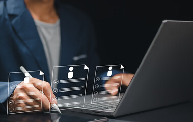 Human resource technology, HR recruitment and team management, Human resource manager reviewing online CVs to select perfect candidate for employment using digital technology and networking tools