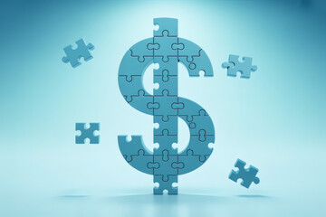 Obraz premium A blue dollar symbol made of interlocking puzzle pieces representing the connection between financial planning investment and wealth building