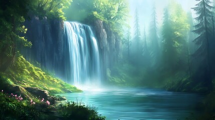 A breathtaking view of a waterfall cascading into a serene pool surrounded by lush greenery and towering trees in a tranquil forest setting