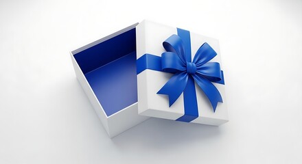 Open white gift box with blue ribbon isolated on white background, perfect for presenting a special surprise or a heartfelt present