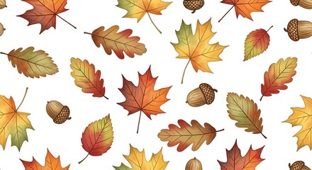 Seamless pattern of autumn leaves and acorns isolated on white background, perfect for adding a touch of fall to your designs