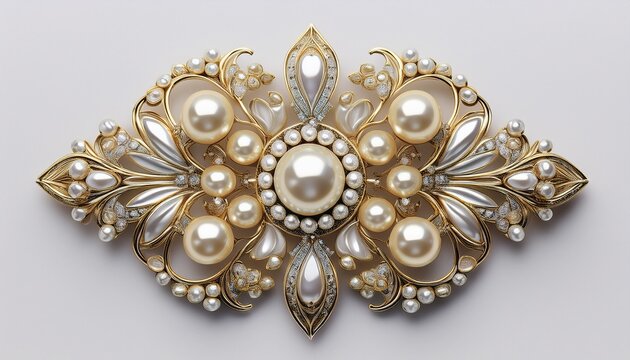 broach in gold and silver with pearls isolated on white created with generative ai