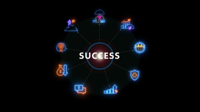 knight chess piece and a target icon, alongside a success text. Represents strategic thinking, business progress and achieving goals ,Network technology glowing neon icon 4k video background