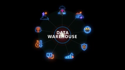 dashboard showing KPIs, performance metrics, and business insights from large data sets. Motion graphic of data warehouse icons concept ,Network technology glowing neon icon 4k video background - Powered by Adobe