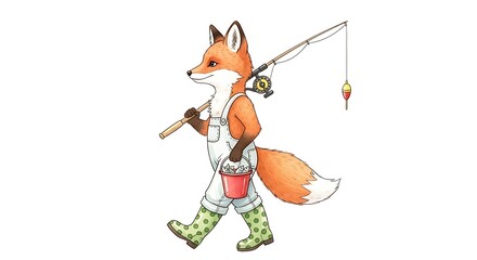 Illustration of a fox with fishing rod and bucket isolated on white background