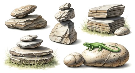 Illustration of stacked stones and a lizard on a white background isolated on white background