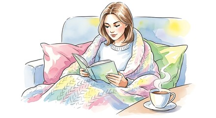 Watercolor painting of a woman reading a book on the sofa with a cup of tea, isolated on white background