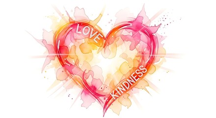 Watercolor heart with love and kindness text, isolated on white background, a symbol of affection and compassion