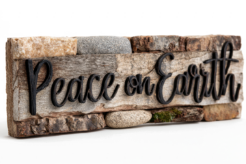 Peace on Earth sign rustic wooden decor with natural elements perfect for holiday or inspirational themes