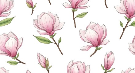 Seamless pattern of watercolor magnolia flowers on a white background, a delicate and elegant floral design