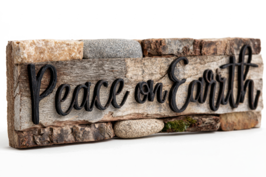 Peace on Earth sign rustic wooden decor with natural elements perfect for holiday or inspirational themes