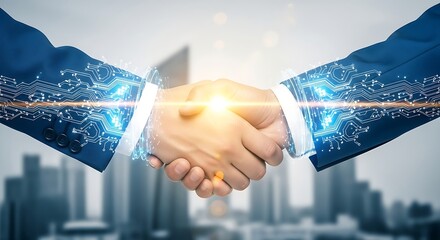 Successful digital transformation partnership with handshake and modern city skyline, symbolizing collaboration and innovation
