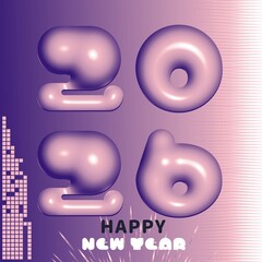 happy new year 2026 with glossy purple balloon numbers on a textured background