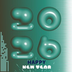 teal toned 2026 happy new year illustration with pixelated tree and abstract background