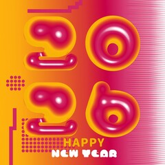 a vibrant and retro futuristic happy new year 2026 greeting card design