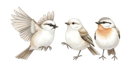 Three adorable birds isolated on white background, showcasing their unique features and charming personalities