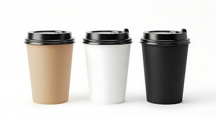 Three coffee cups with lids isolated on white background, perfect for showcasing different flavors and brands