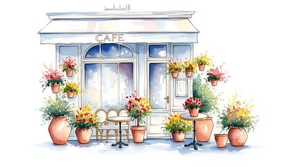 Charming watercolor cafe with flower pots isolated on white background, a delightful and inviting scene