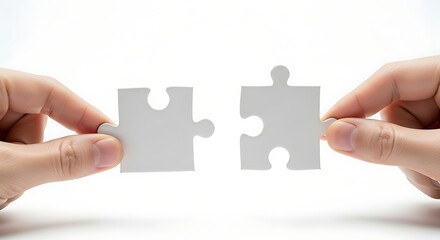 Two hands connecting jigsaw puzzle pieces isolated on white background, symbolizing teamwork and problem solving
