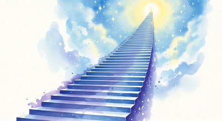 Watercolor illustration of a staircase to heaven with clouds and light isolated on white background