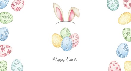 Happy easter watercolor illustration isolated on white background, featuring bunny ears and decorated easter eggs