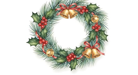 Christmas wreath with holly, berries, pine branches and golden bells isolated on white background hand drawn