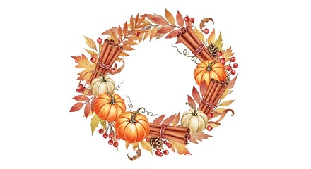 Autumn wreath with pumpkins, cinnamon sticks and leaves isolated on white background hand drawn watercolor