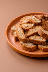 Italian cantuccini cookies with almonds, a sweet biscuit dessert. Cantuccini cookies