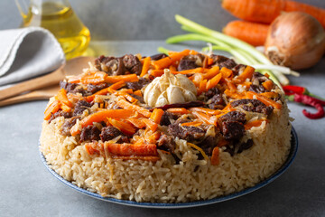 Homemade Uzbek pilaf or plov